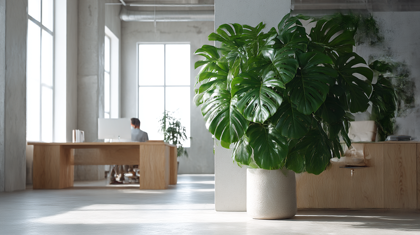 Grote groene Monstera kantoorplant met grafische bladeren in moderne werkomgeving