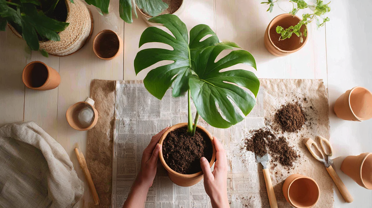 Stap-voor-stap afbeelding van Monstera verpotten met juiste pot, potgrond en nazorg uitleg