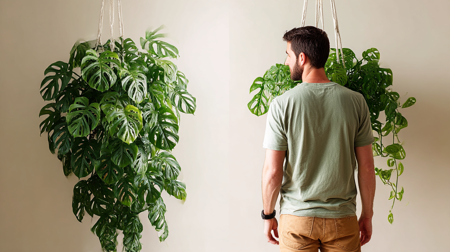 Vergelijking Monstera Deliciosa en Adansonii met kenmerken, bladgrootte en gaten verschil.