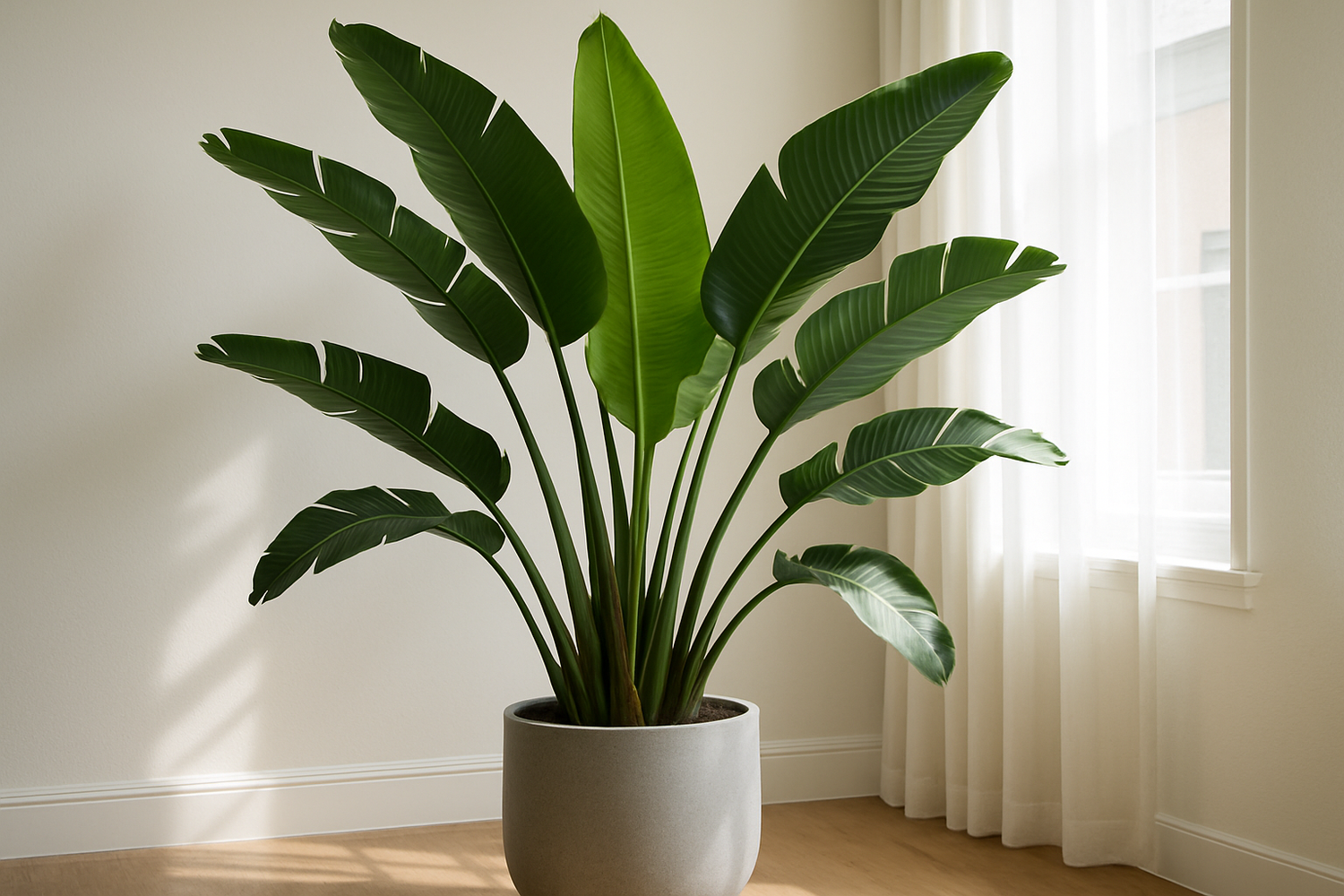 Grote kamerplant Strelitzia Nicolai met bananenachtige bladeren voor interieur sfeer en luxe uitstraling