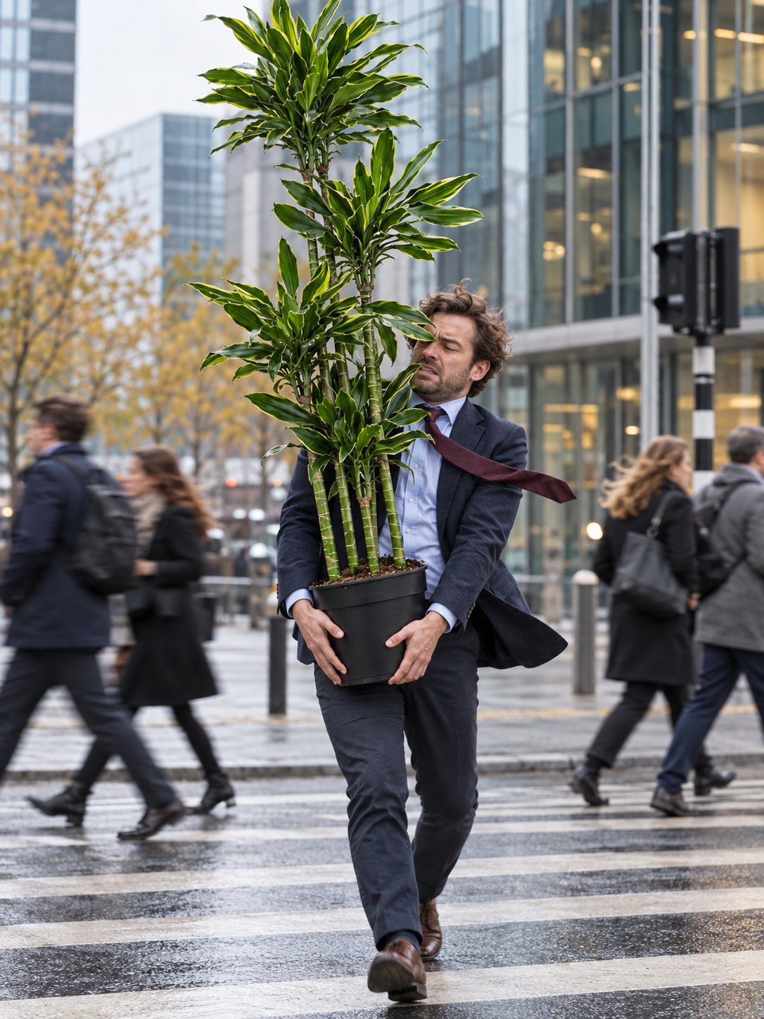 Man draagt een grote dracaena naar kantoor