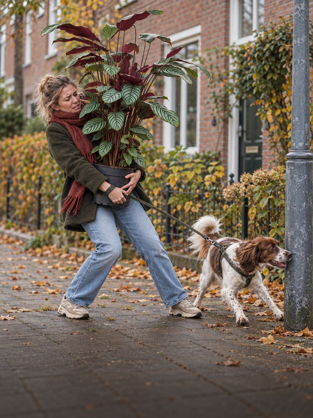 Vrouw met een grote calathea en een hond op straat