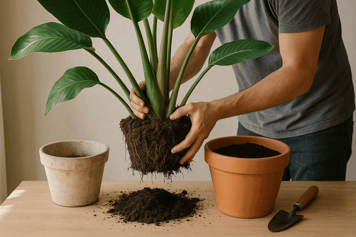 Strelitzia Nicolai plant being repotted step by step with fresh soil and drainage in a larger pot