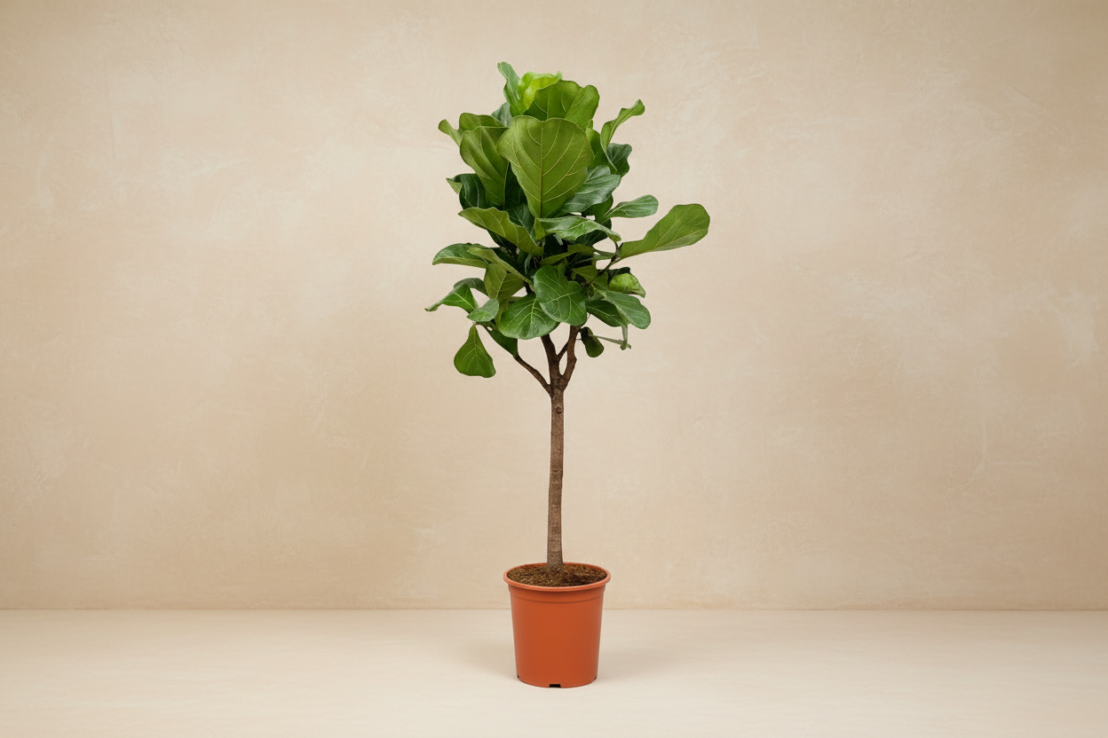 Ficus Lyrata, indoor plant with large fiddle-shaped leaves, in a living room setting.