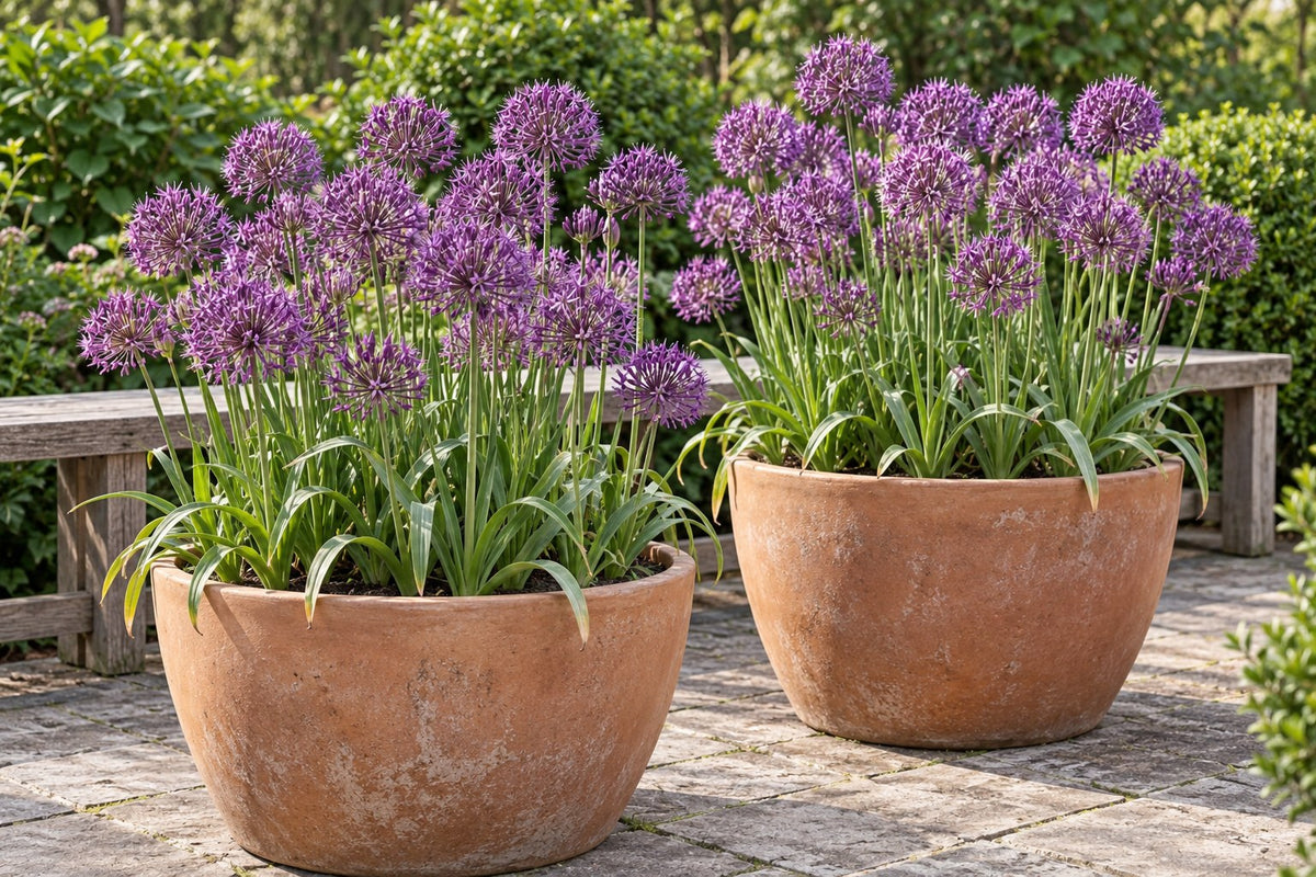 Prydlök Purple Rain i blom i krukor på en terrass