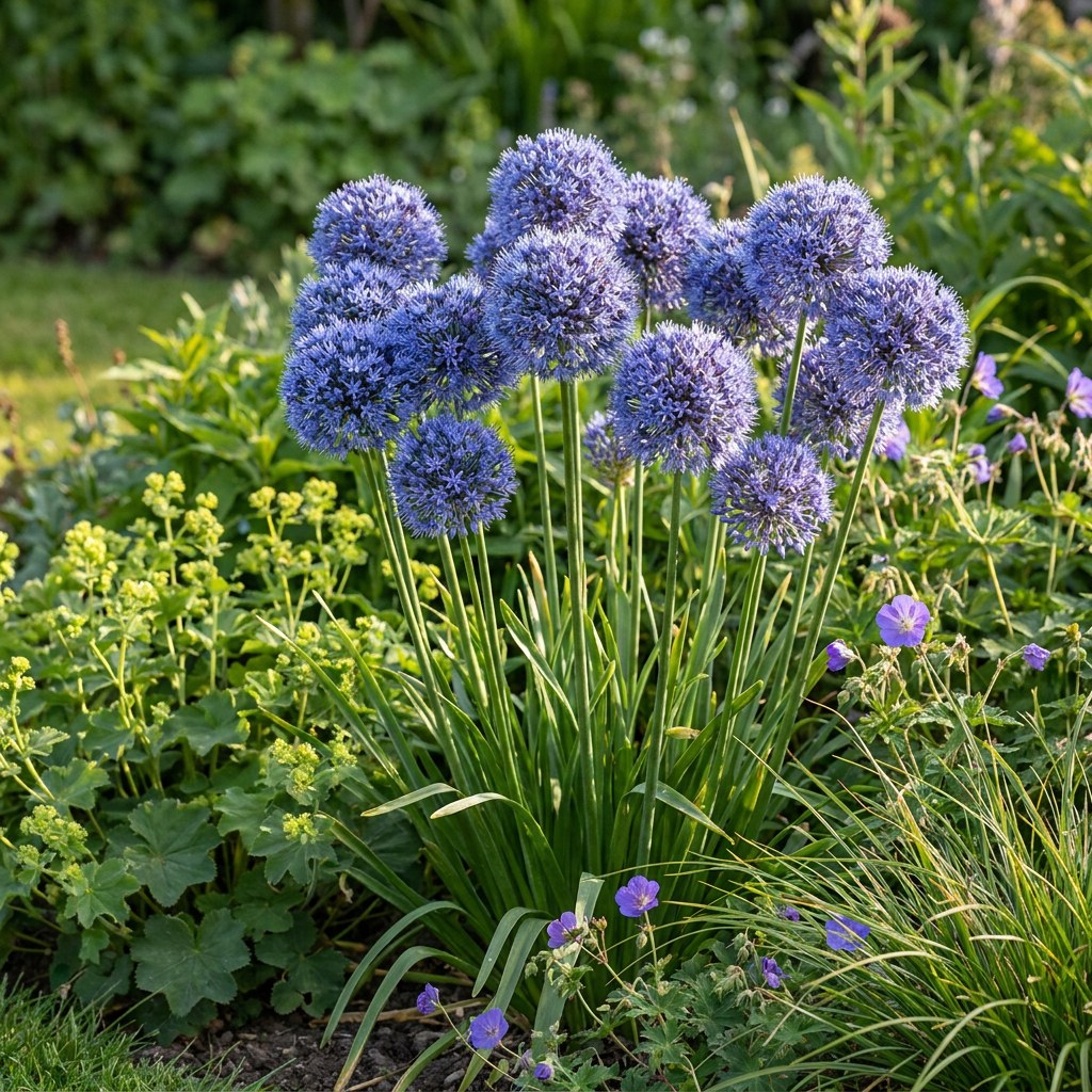 Allium bulbs Caeruleum in flower in the garden