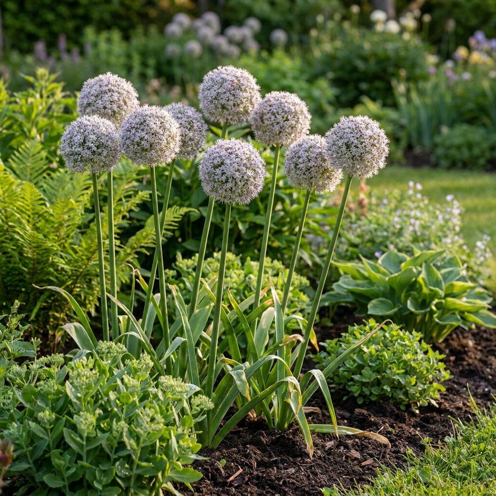 Allium bulbs Ping Pong in flower in the garden