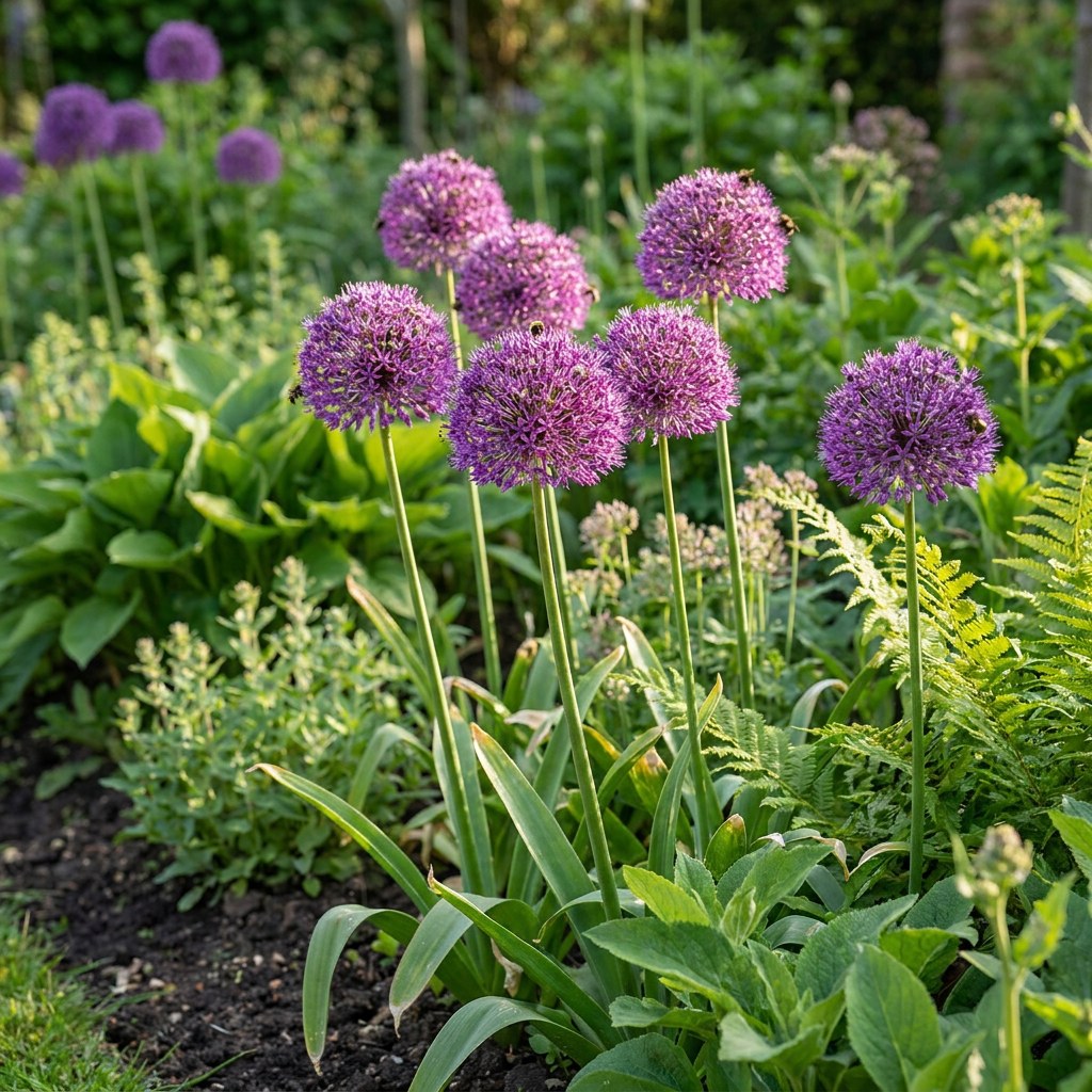 Allium bulbs Purple Sensation in flower in the garden