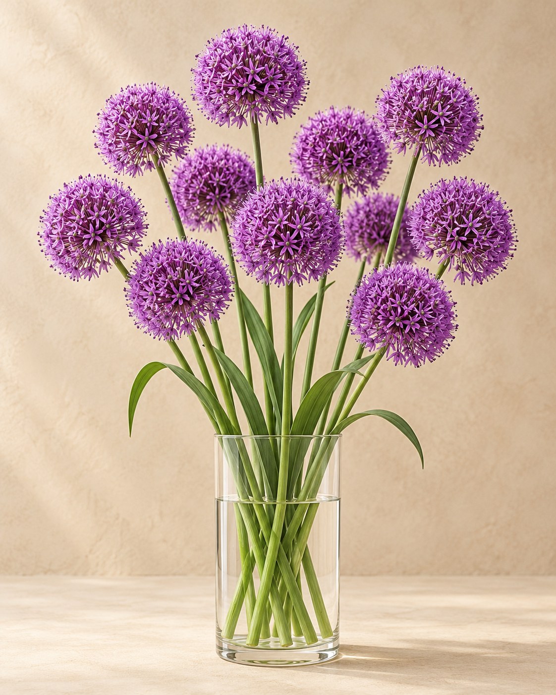 Bulbes d'ail d'ornement Purple Sensation en fleurs dans un vase