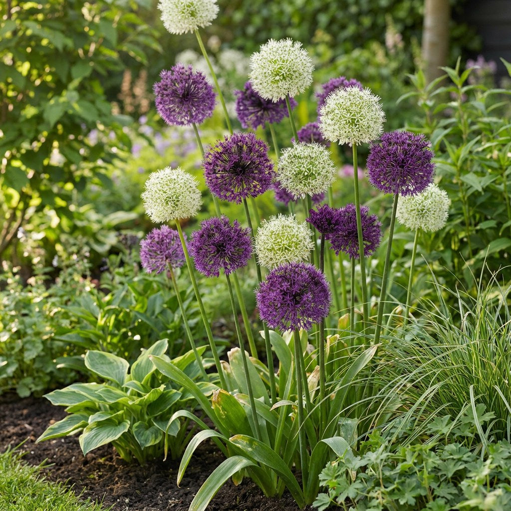 Allium Bulbs Purple-White Mix in flower in the garden