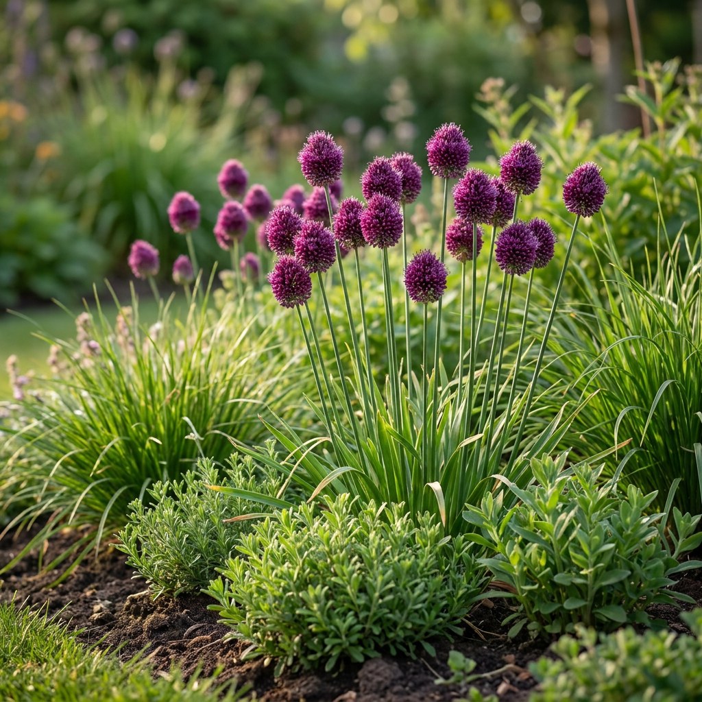 Allium bulbs Sphaerocephalon round-headed leek in flower in the garden