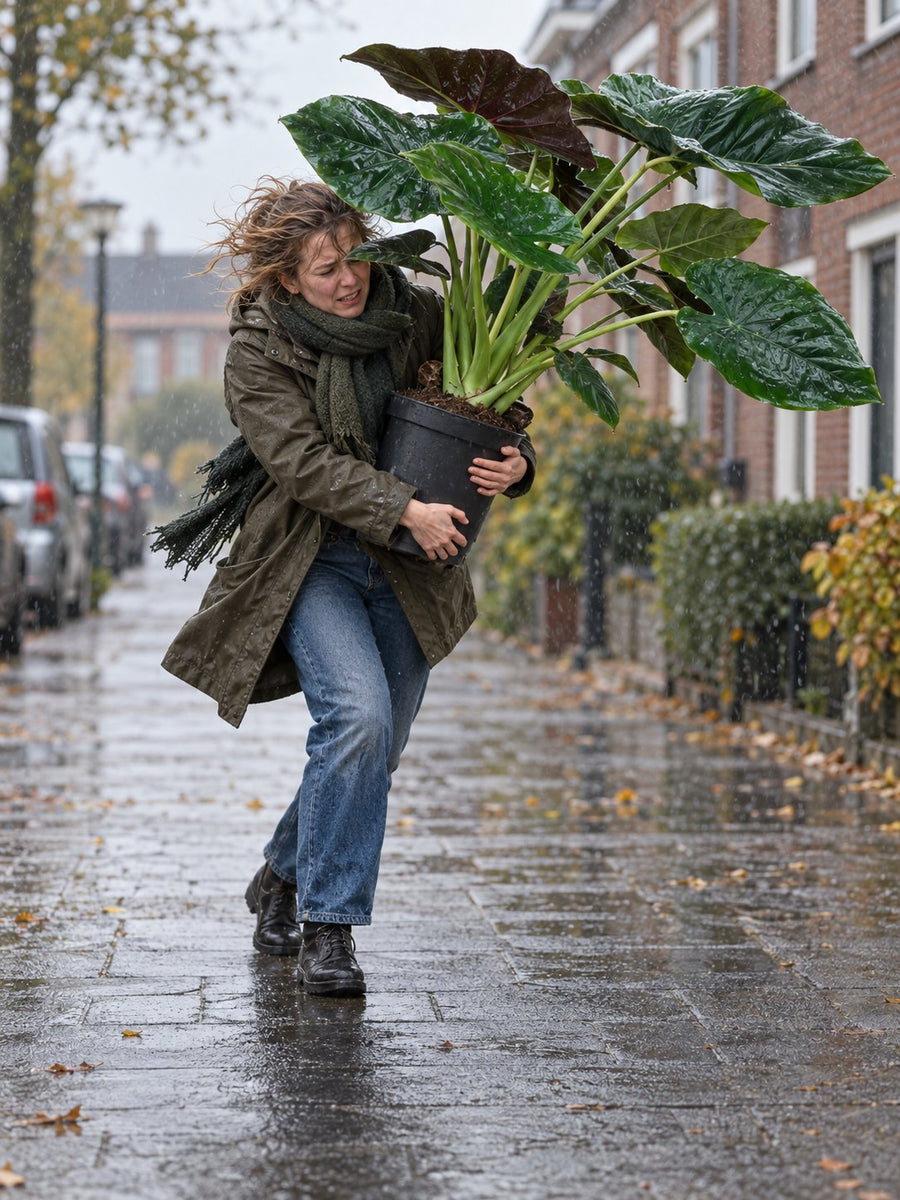 Een vrouw loopt met een grote Alocasia door de wind, de bladeren vangen wind als zeilen