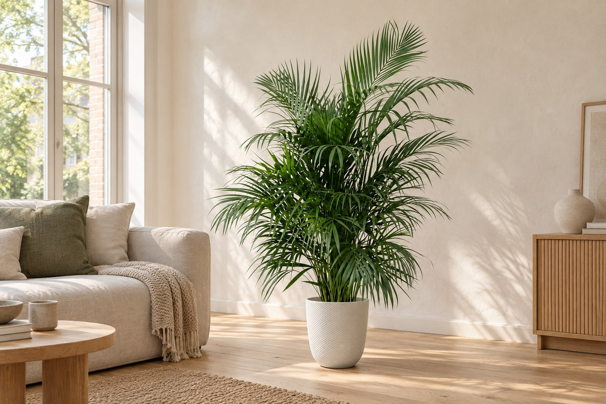 Palmera areca, 140 cm, en macetero Elho Jazz Round wit en un salón luminoso