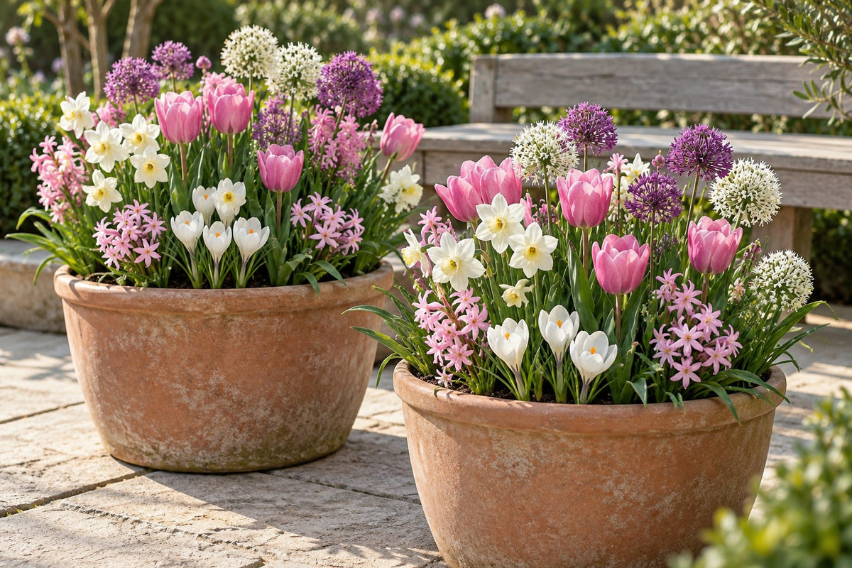 Blumenzwiebeln Bulb Garden Pink in Blüte in Töpfen auf der Terrasse