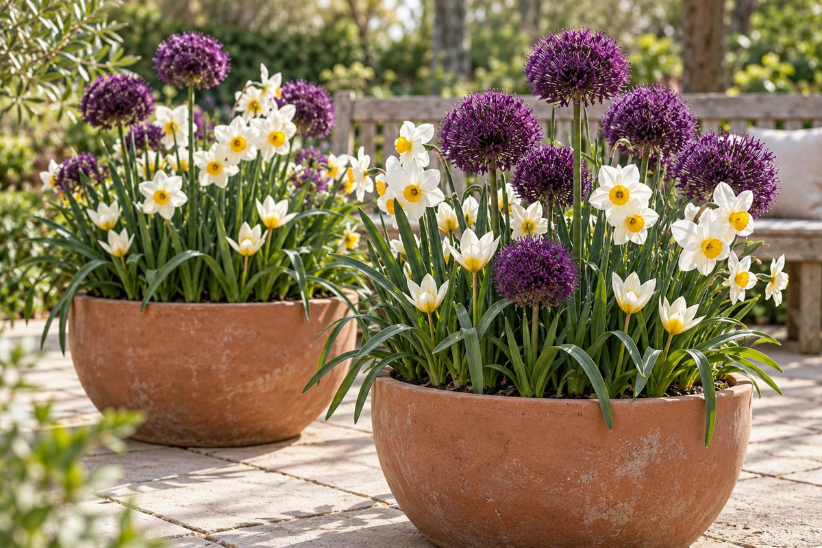 Bulbos de flores mezcla jardín seco en flor en macetas en una terraza