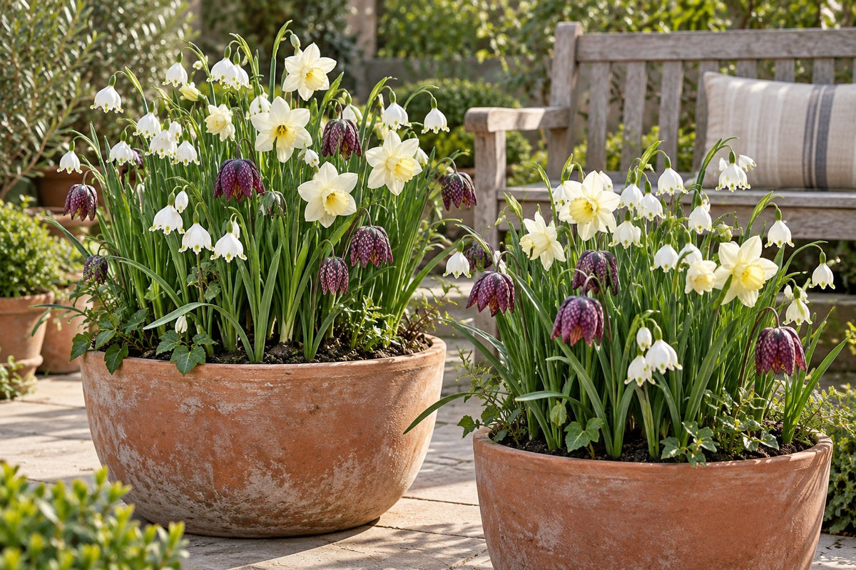 Bloem Wet Garden mix in bloei in potten op een terras