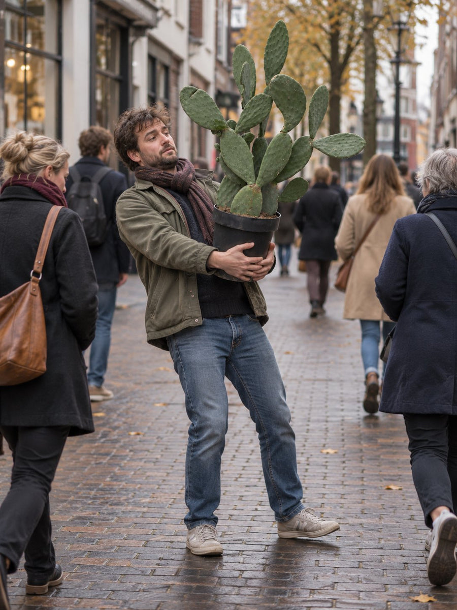 Een man draagt een grote cactus door een drukke winkelstraat