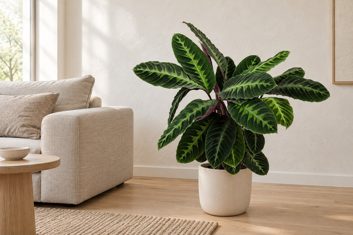Calathea Warscewiczii, 90 cm, i a white ceramic planter i en lys stue
