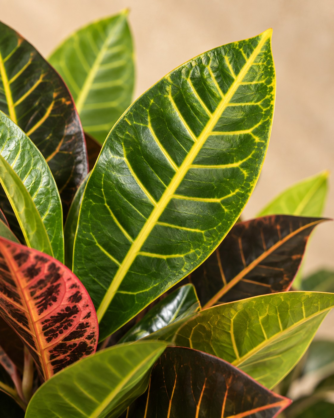 Nærbillede af bladene på Codiaeum Petra (Codiaeum variegatum 'Petra')