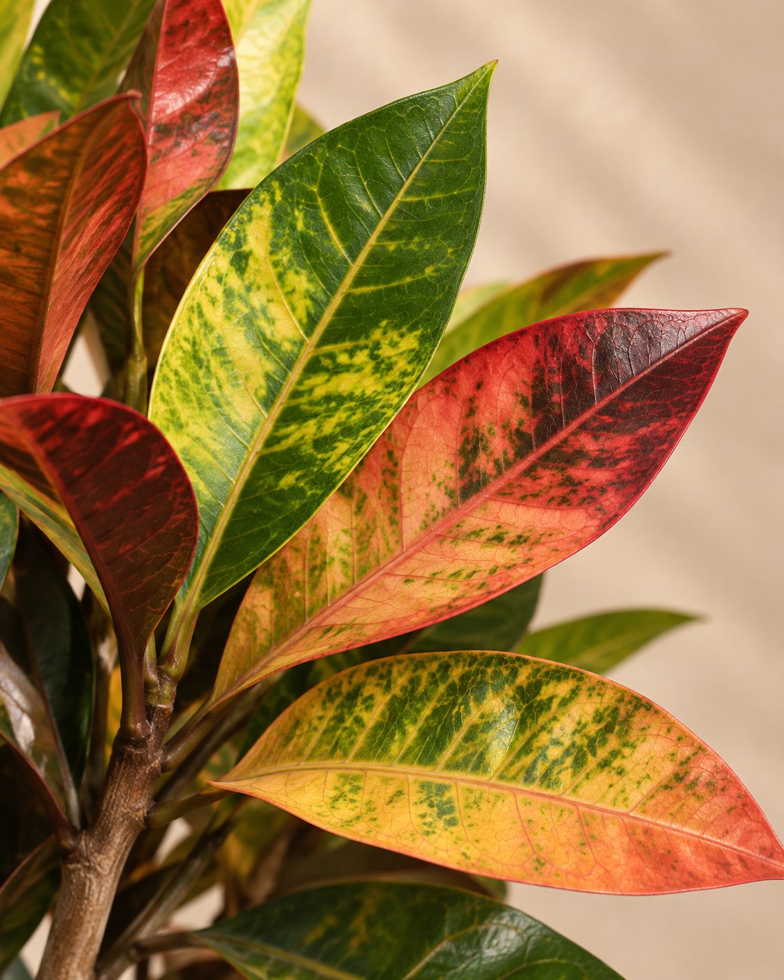 Gros plan sur les feuilles de Croton Iceton XXL (Codiaeum variegatum 'Iceton')