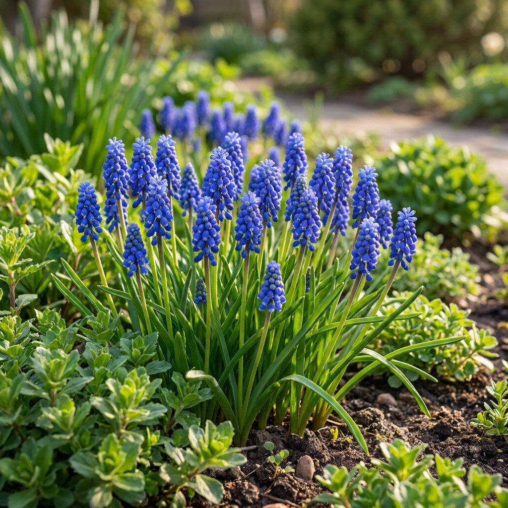 Druifhyacint Armeniacum in bloei in de tuin