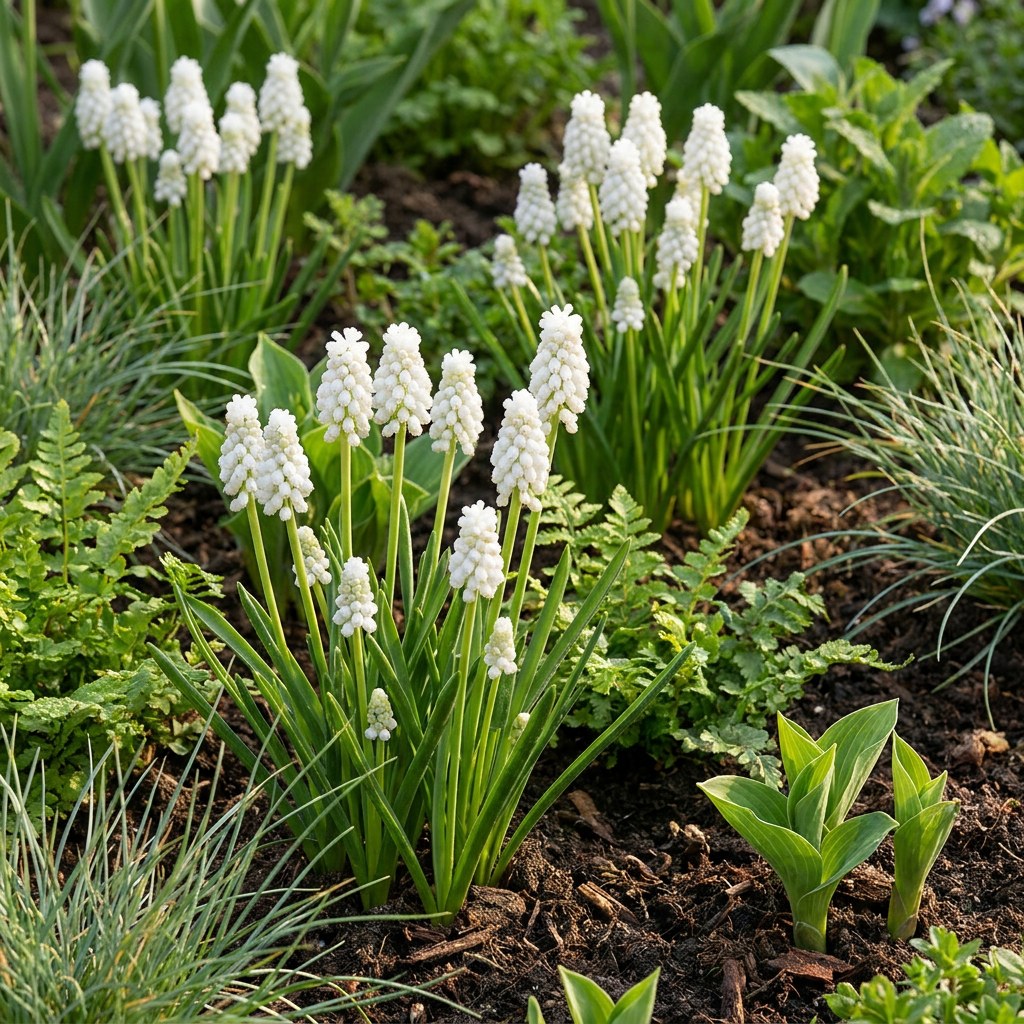 Grape Hyacinth Bulbs White Magic in flower in the garden