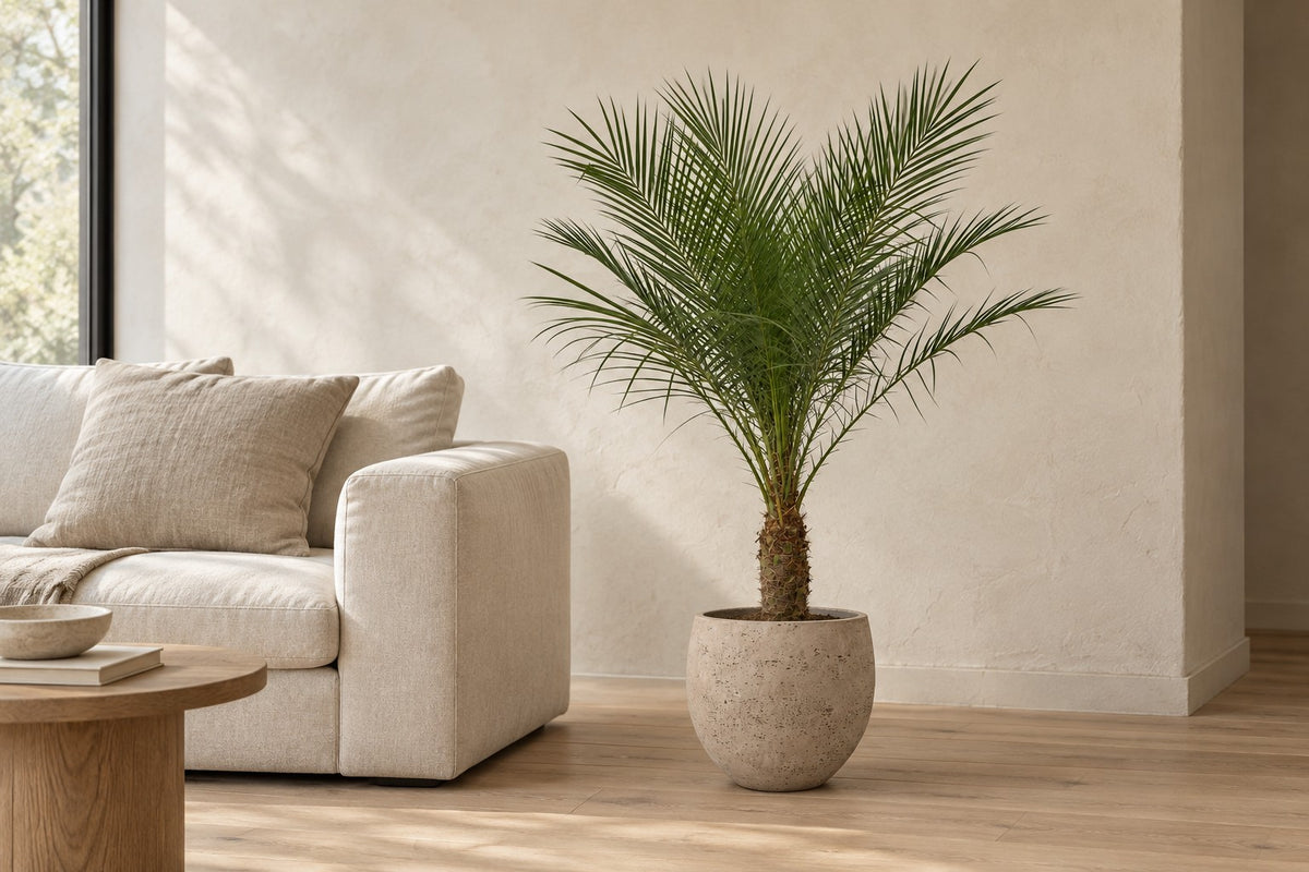 Pygmy Date Palm, 100 cm, in planter Orb Grey Washed in a bright living room