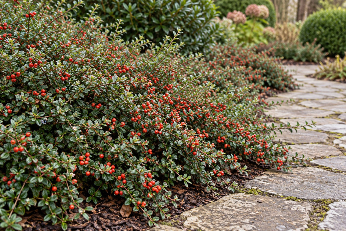 Dwergmispel 'Coral Beauty' aangeplant in de tuin