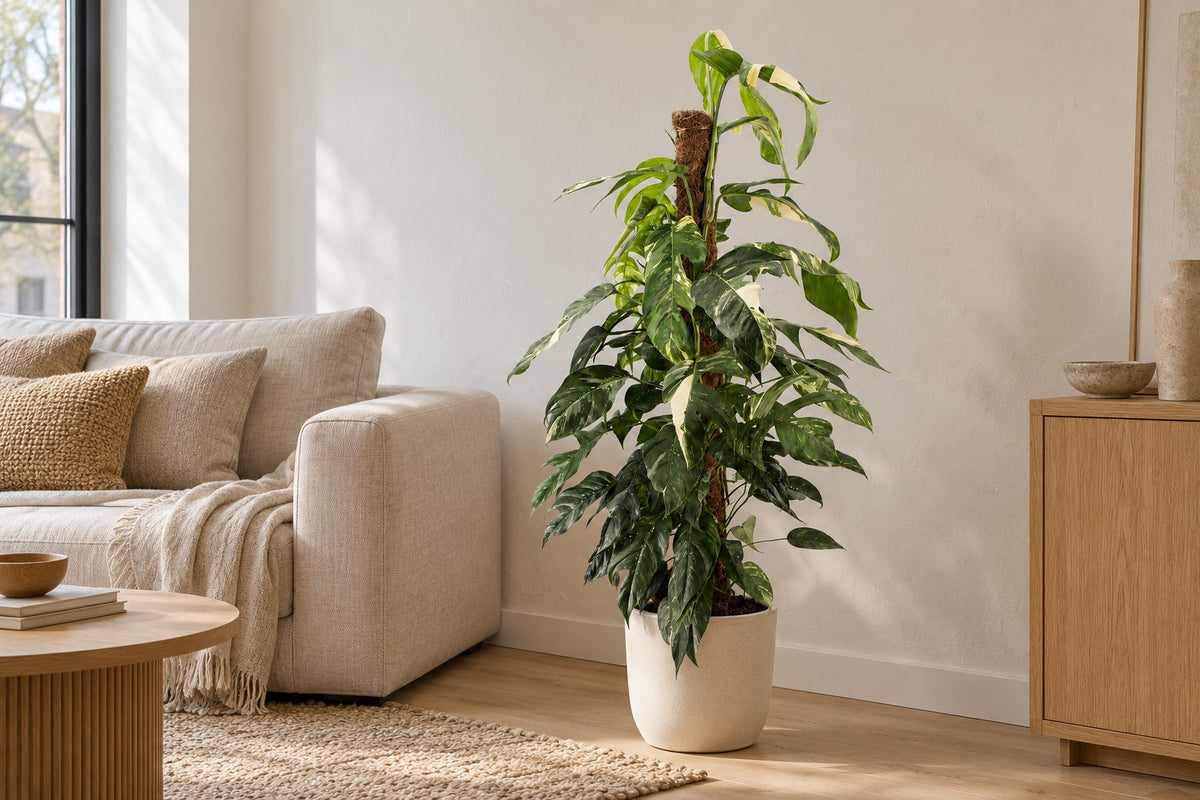 Epipremnum pinnatum 'Albo Variegata', 125 cm, in a white ceramic planter in un soggiorno luminoso