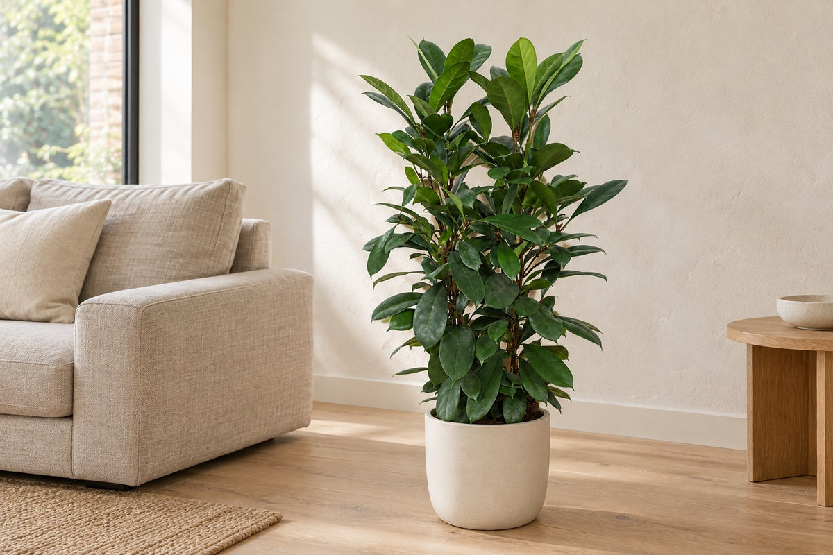 Ficus Cyathistipula, 100 cm, dans a white ceramic planter dans un salon lumineux