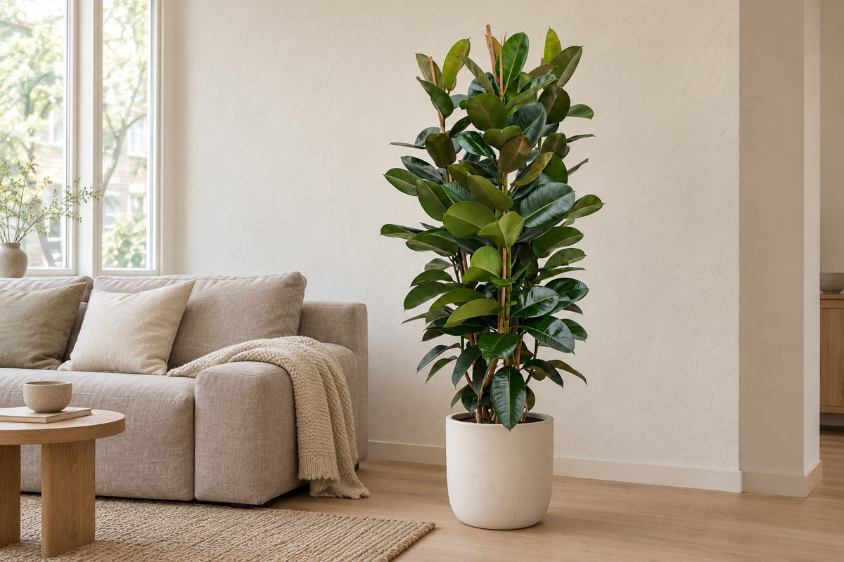 Ficus Elastica Robusta busk, 140 cm, i a white ceramic planter i en lys stue