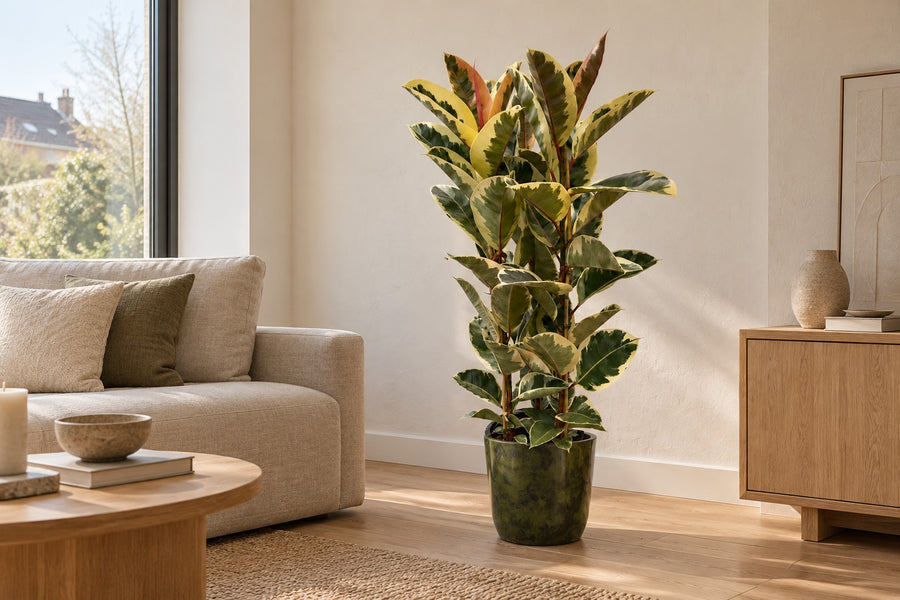 Ficus Elastica Tineke (rubberboom struik) 140 cm hoog, pot ø28 cm