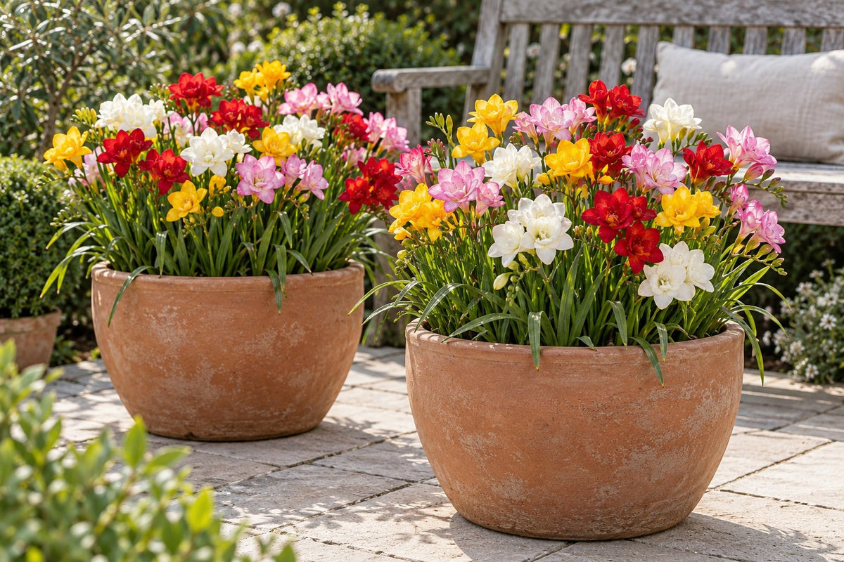 Freesia Dubbele mix in bloei in potten op een terras