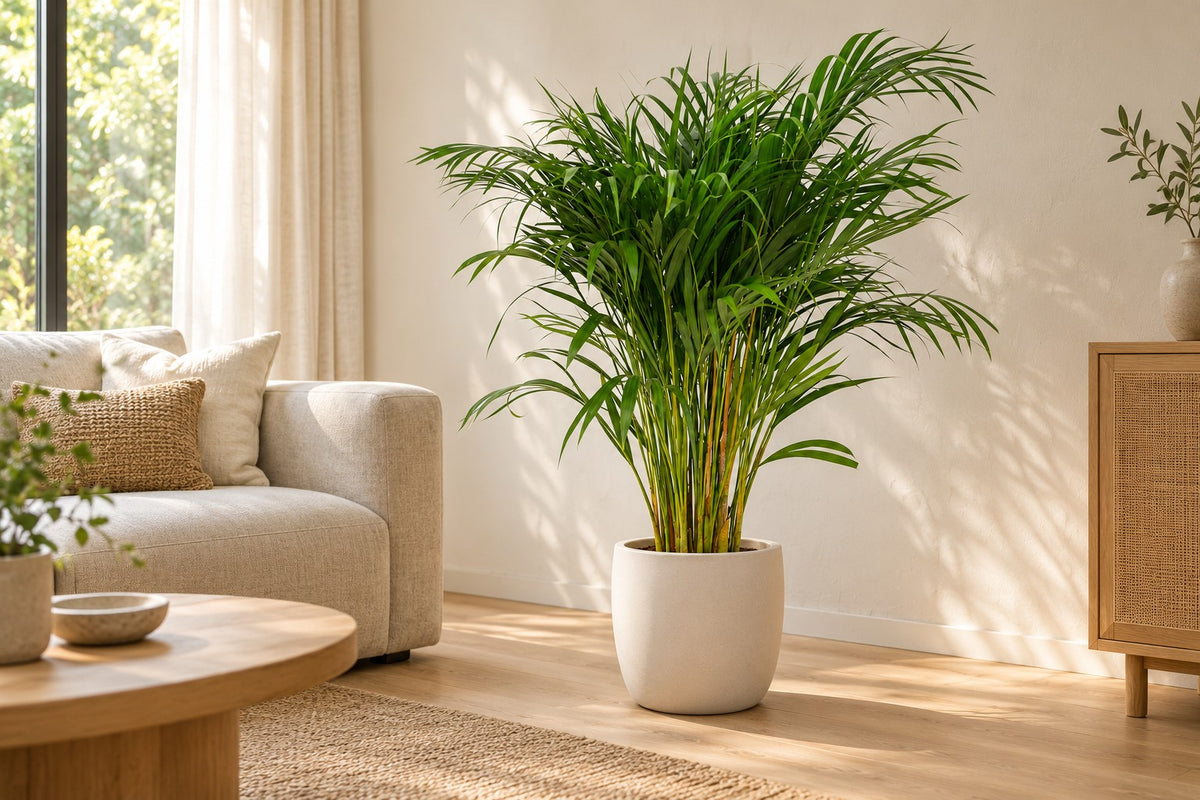 Palma Areca, 120 cm, in a white ceramic planter in un soggiorno luminoso