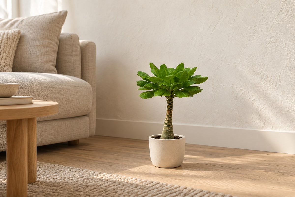 Hawaii-palme, 25 cm, i a white ceramic planter i en lys stue