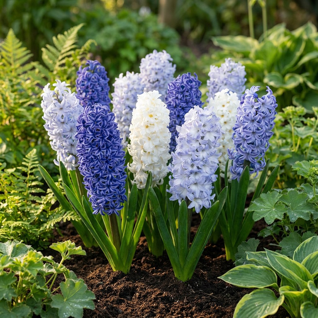 Hyacinth bulbs Blue water mix in flower in the garden