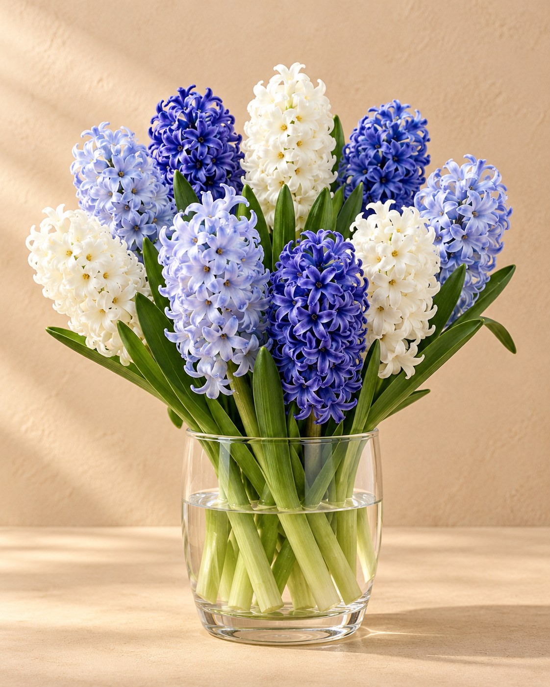 Bulbes de jacinthes mélange Blue water en fleurs dans un vase
