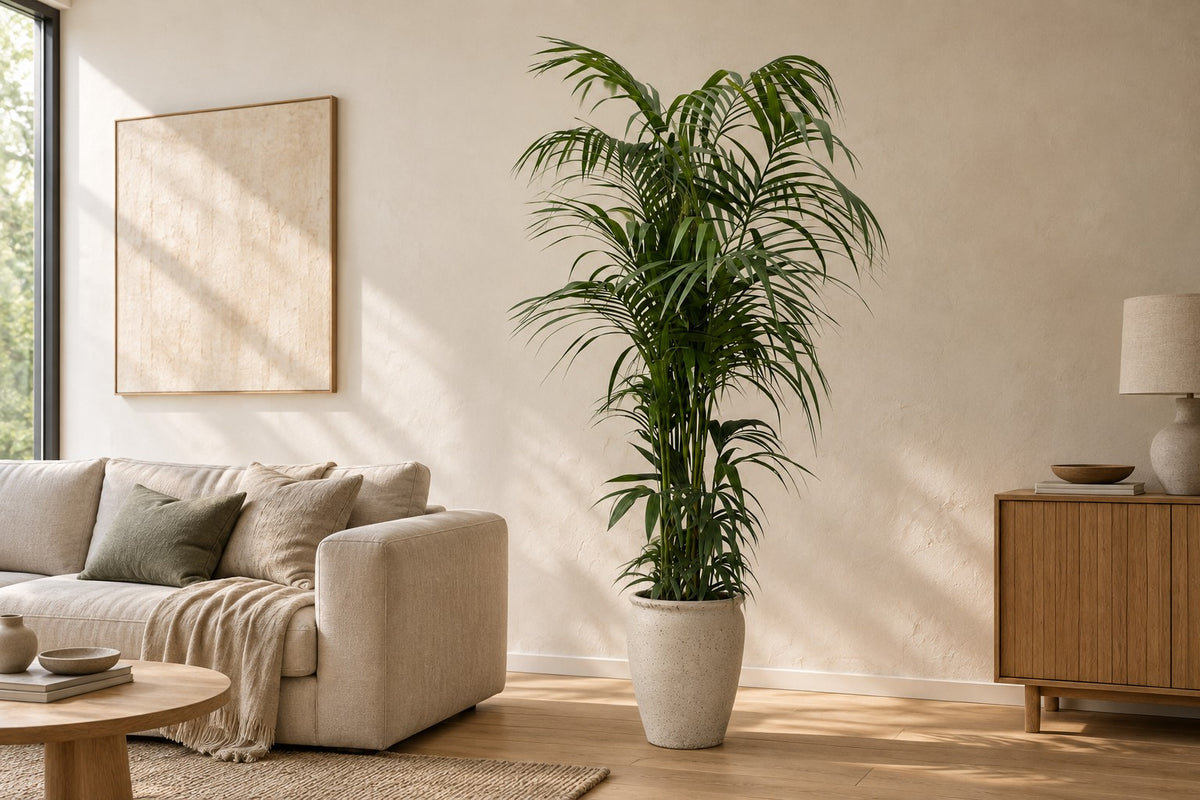 Palmier Kentia, 220 cm, dans cache-pot Artemis dans un salon lumineux