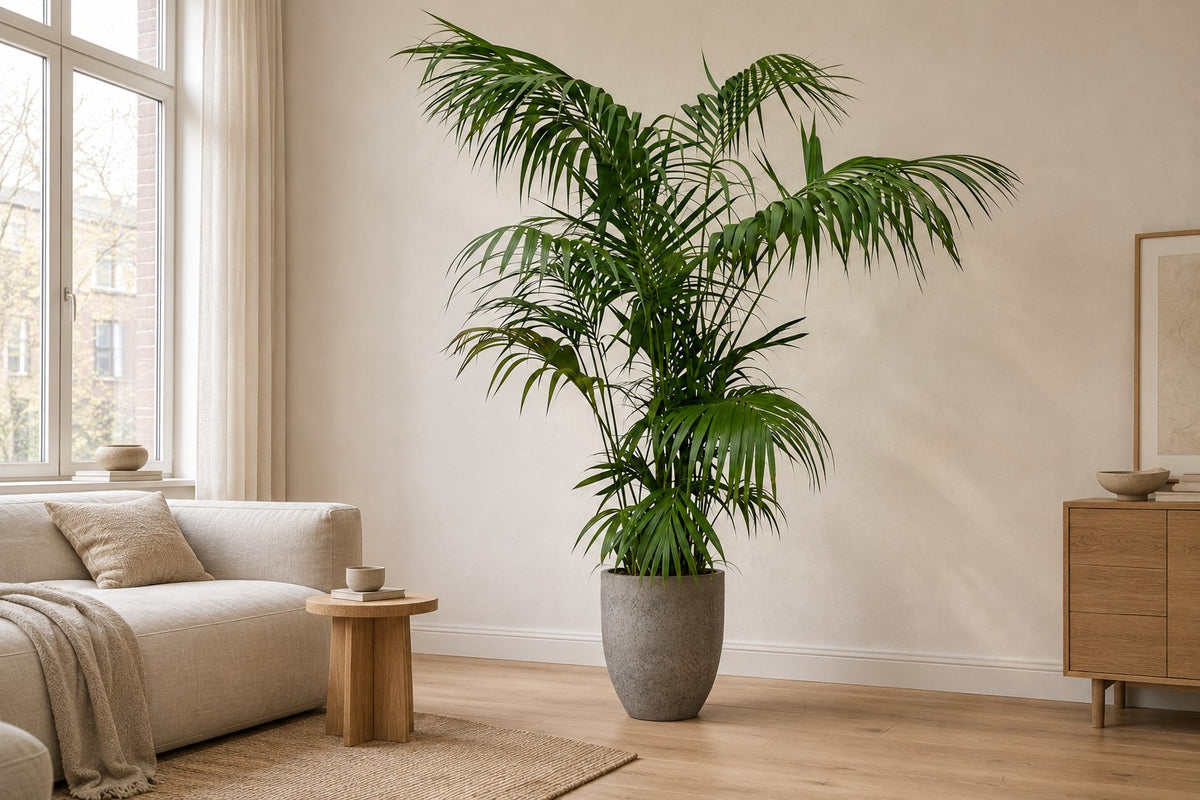 Kentia palm, 260 cm, in planter Mountain Hayes in a bright living room