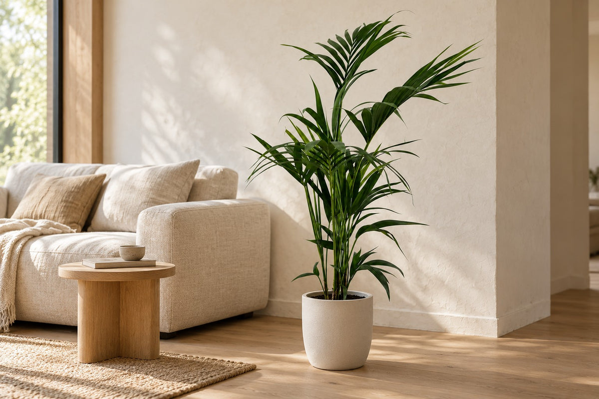 Palma Kentia, 110 cm, in a white ceramic planter in un soggiorno luminoso