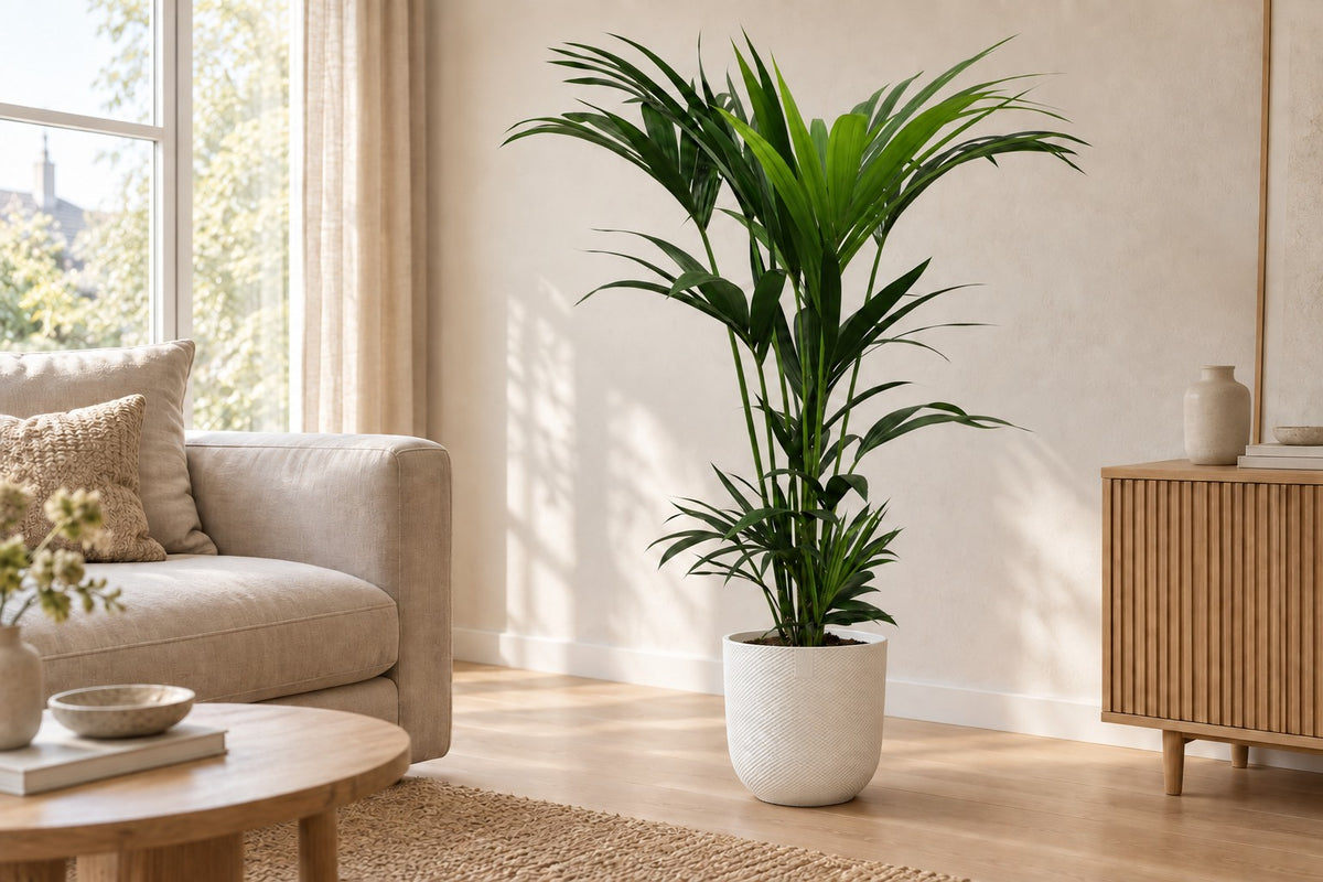 Howea Forsteriana, 120 cm, dans cache-pot Elho Jazz Round wit dans un salon lumineux