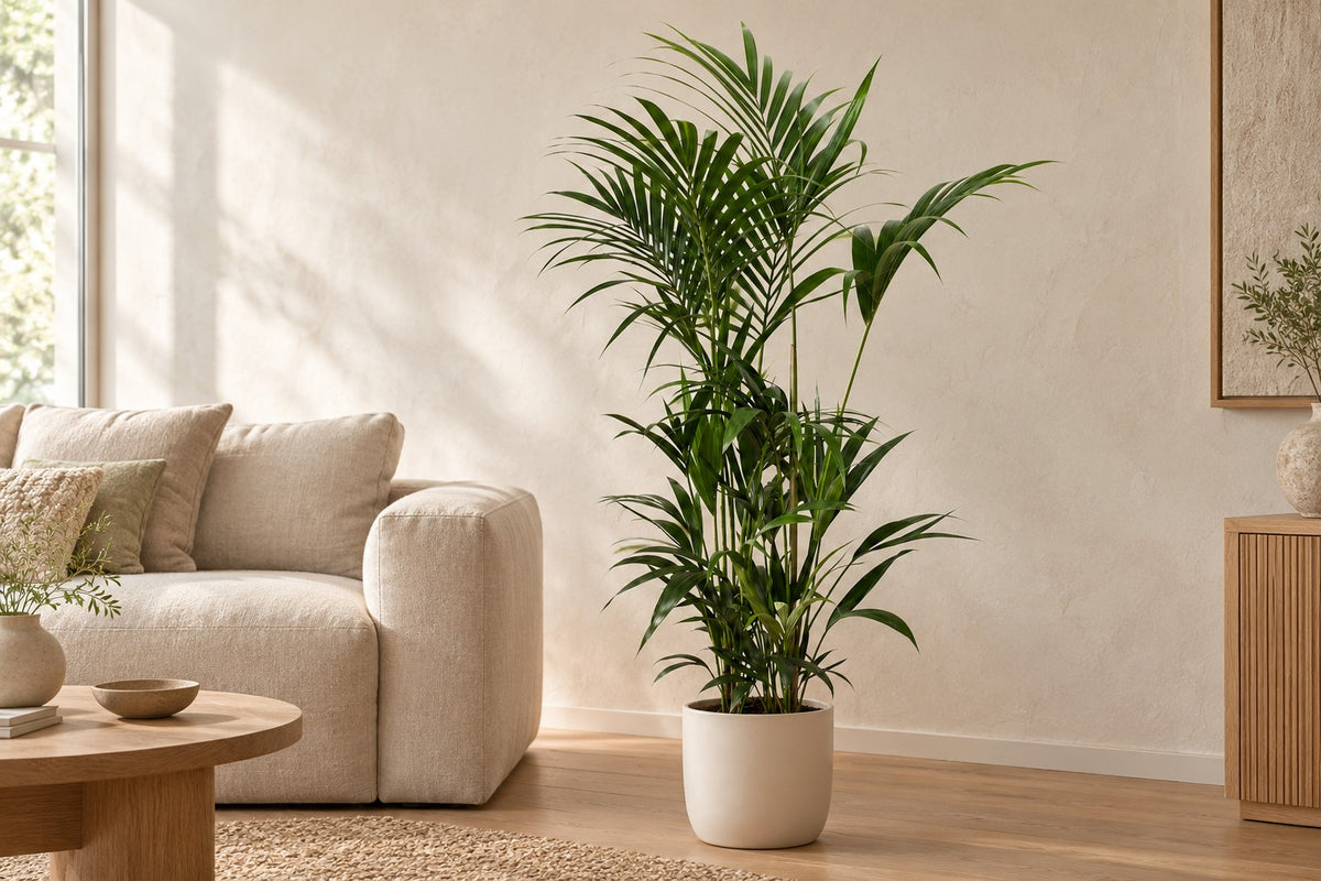 Palma Kentia, 170 cm, in a white ceramic planter in un soggiorno luminoso