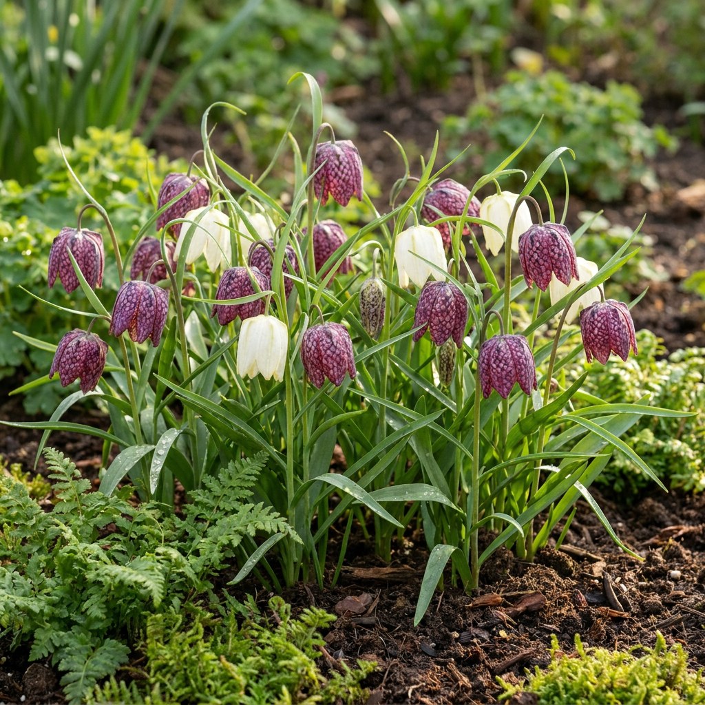 Snake's head fritillary bulbs Meleagris mix in flower in the garden