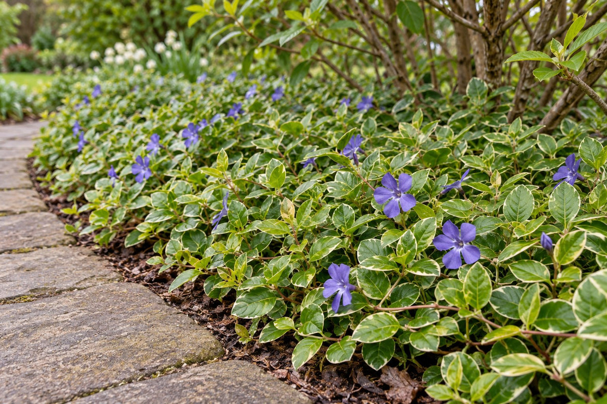 Lesser periwinkle 'Ralph Shugert' planted in the garden
