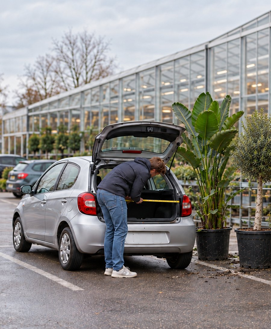 Een man meet de kofferbak op naast drie grote planten