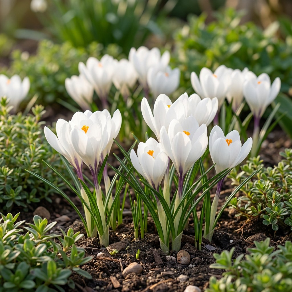 Bulbos de crocus White en flor en el jardín