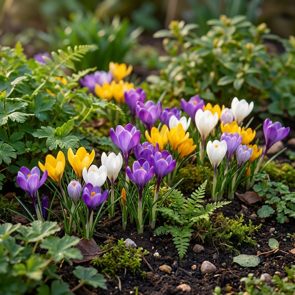Crocus Bulbs Mix in flower in the garden