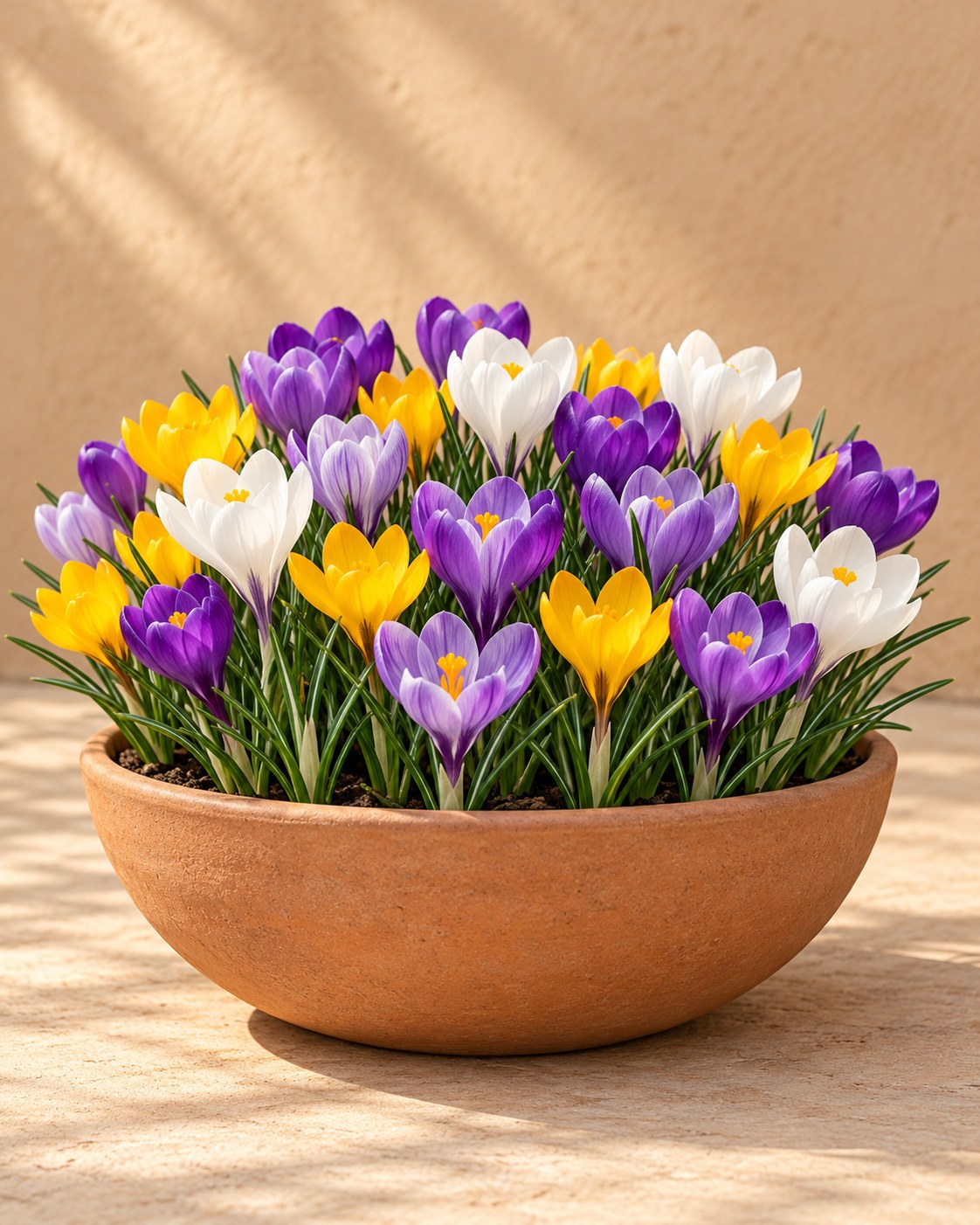 Bulbos de crocus mezcla en flor en un jarrón