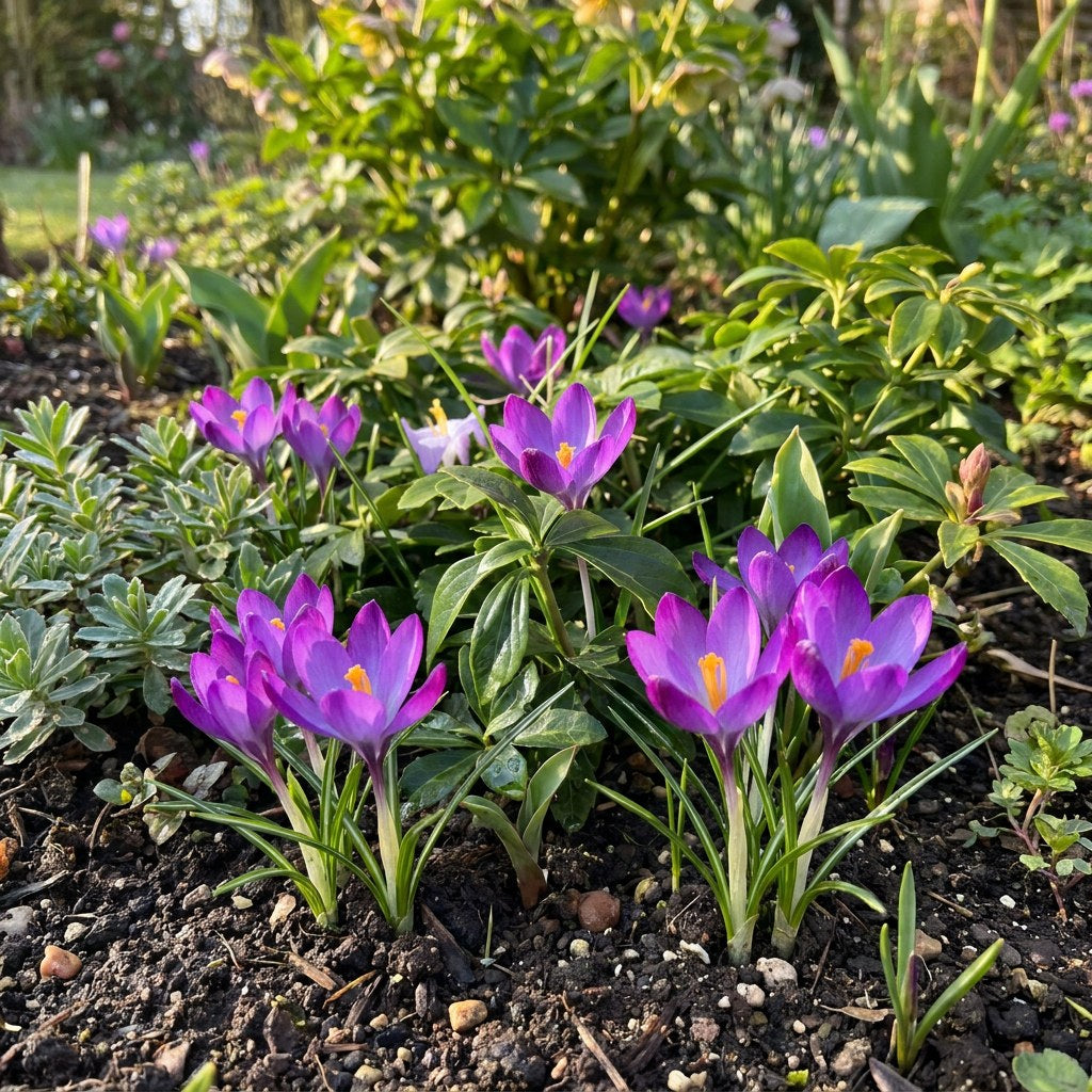 Krokusløg Ruby Giant i blomst i haven