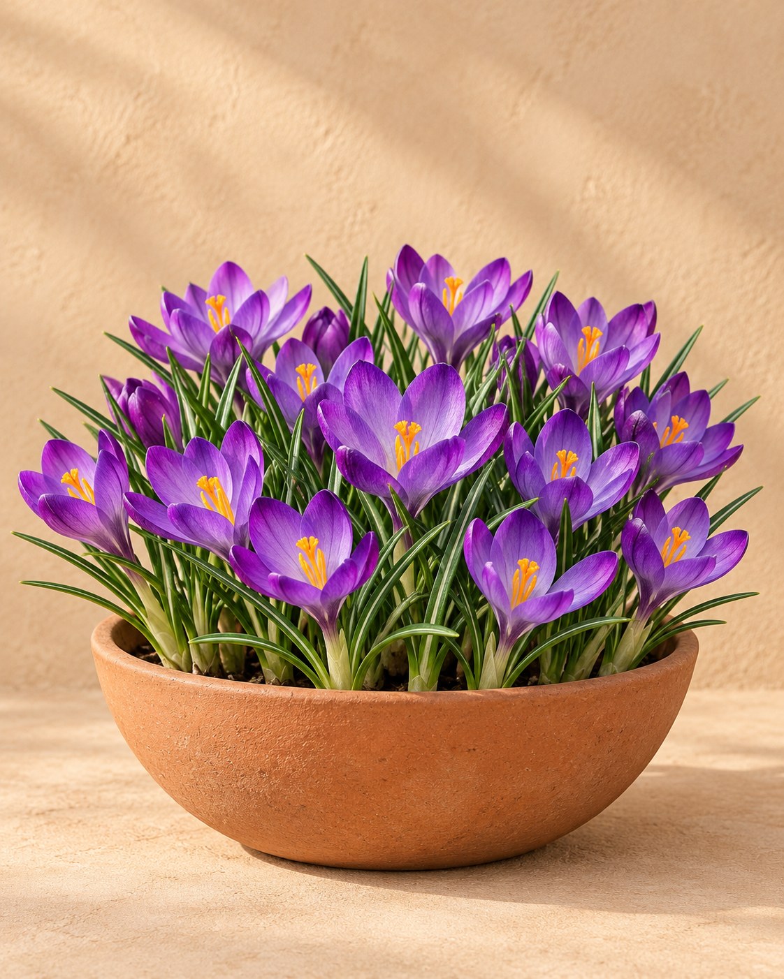 Bulbos de crocus Ruby Giant en flor en un jarrón